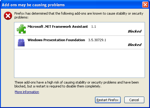Firefox block Firefox blocks two Microsoft add-ons