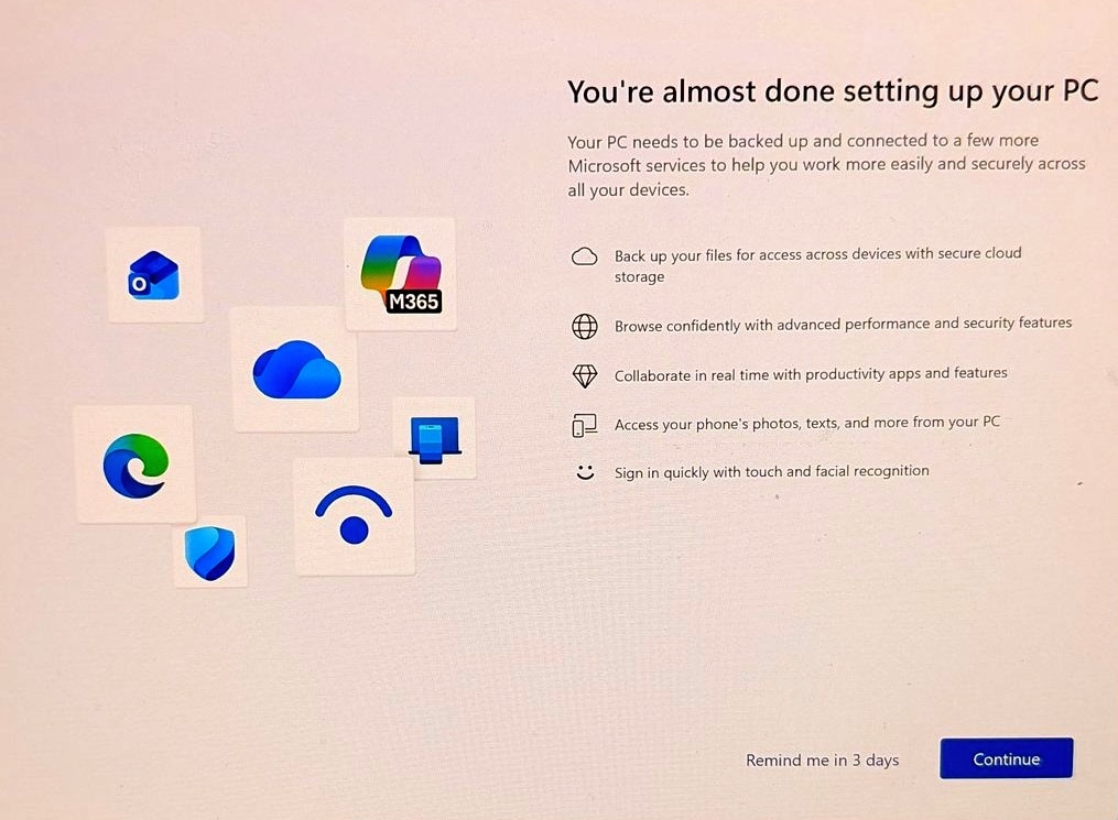 Windows prompt to finish setting up the PC
