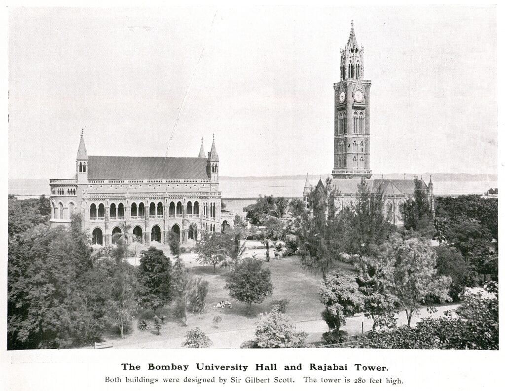 Old postcard showing Bombay University buildings and Rajabai Tower.